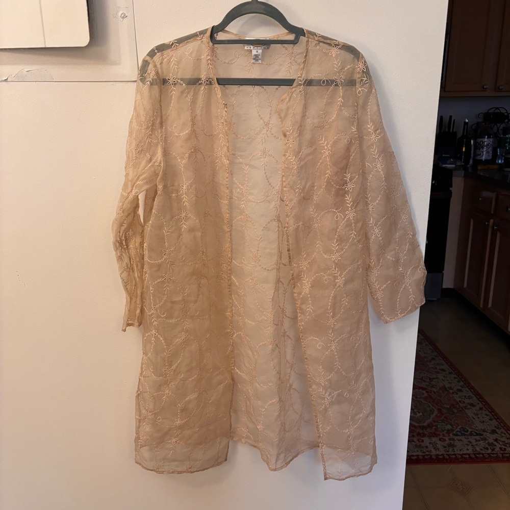 Talbots Sheer Embroidered Open Front Cardigan in Beige